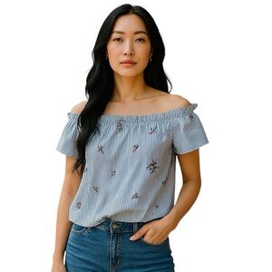 Guess Babydoll Blue Striped Crop Top Blouse S/S Off Shoulder XS Barbie